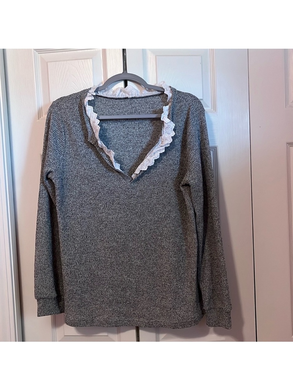 Gray Knit V-Neck Sweater with White Lace Trim